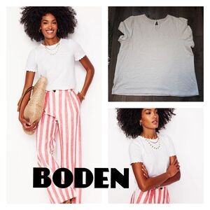 BODEN Ali Jersey Tee With Pom Pom Trim In WHITE 100% COTTON